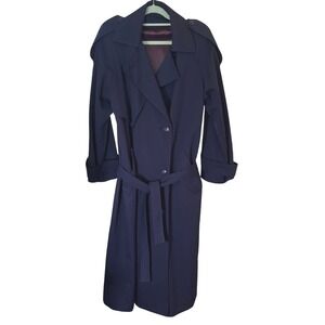 Vintage Navy Blue Pure Virgin Wool Trench Coat Women's Belted Long Overcoat Med